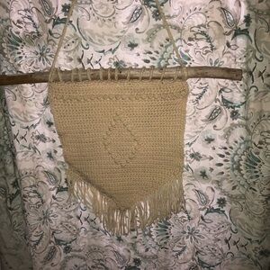 Handmade Tan Crochet Fringe Wall Hanging